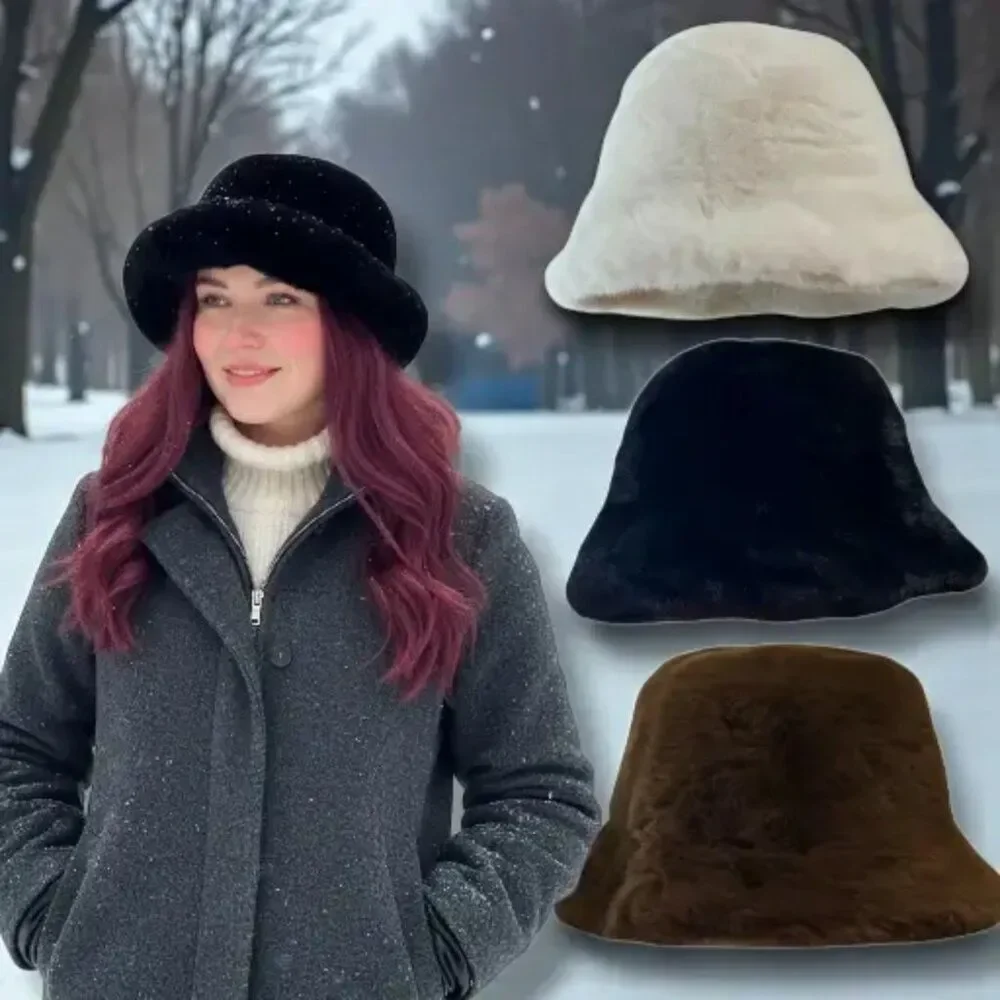 Women's Soft Faux Fur Winter Bucket Hat | Reversible 2-Way Style (Black) NWT